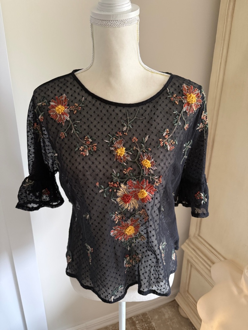 Maeve Black Sheer Floral Embroidered Blouse